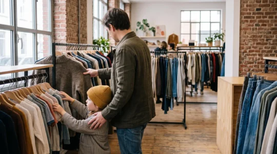 Une famille belge choisit ensemble des vêtements de seconde main dans une friperie lumineuse et épurée