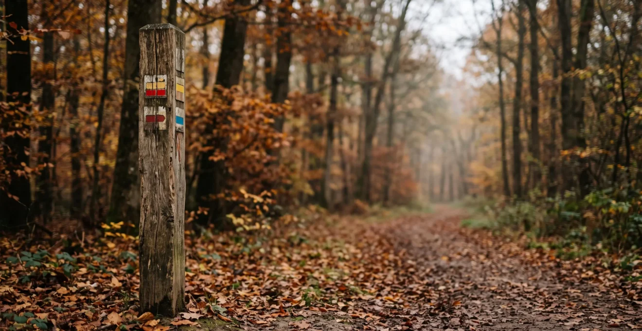 Gros plan artistique sur des balises rectangulaires colorees de sentiers de randonnee peintes sur un vieux poteau en bois, en foret ardennaise