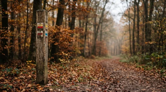 Gros plan artistique sur des balises rectangulaires colorees de sentiers de randonnee peintes sur un vieux poteau en bois, en foret ardennaise