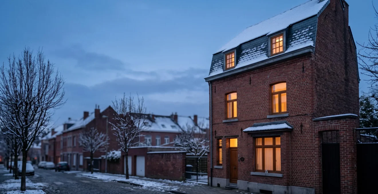Maison belge mitoyenne en hiver avec toiture isolée, fenêtres chaudement éclairées contrastant avec le froid extérieur