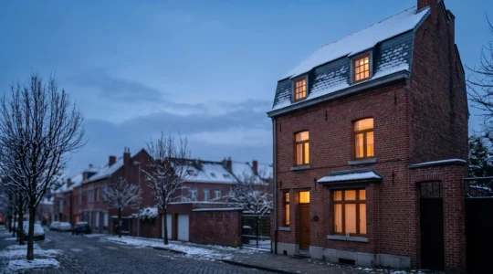 Maison belge mitoyenne en hiver avec toiture isolée, fenêtres chaudement éclairées contrastant avec le froid extérieur