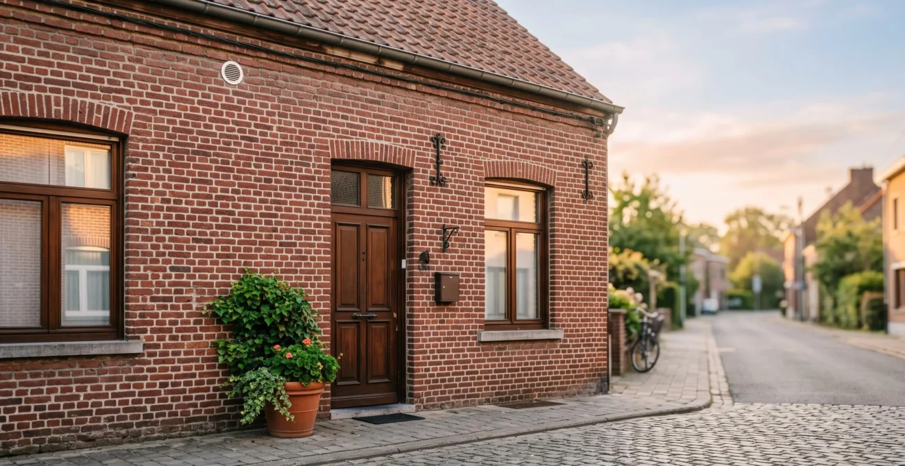 Maison mitoyenne belge en briques rouges avec ventilation discrete symbolisant un air interieur sain