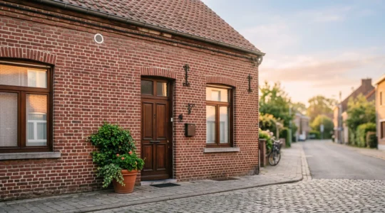 Maison mitoyenne belge en briques rouges avec ventilation discrete symbolisant un air interieur sain