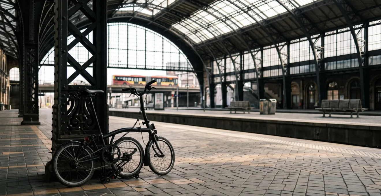 Vélo pliant, quai de gare belge et bus en arrière-plan symbolisant l'intermodalité pour réduire les frais de transport