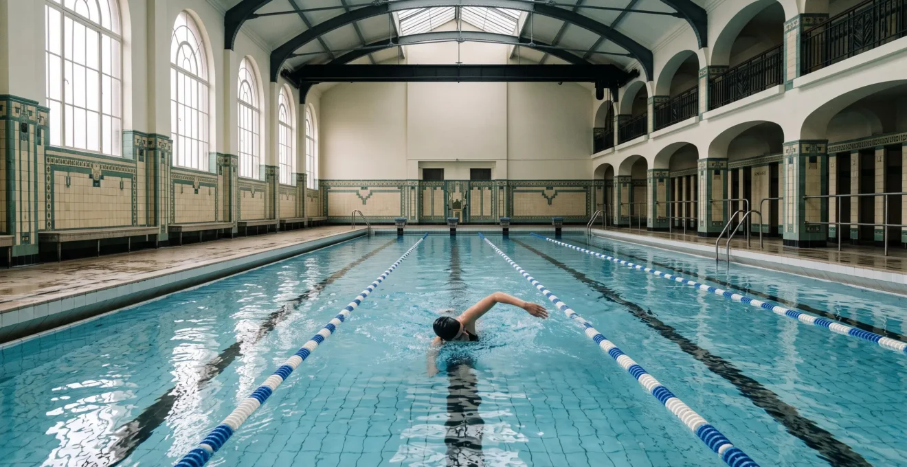 Nageur seul dans un couloir de piscine publique belge au petit matin, symbole d'une pratique régulière et économique de la natation