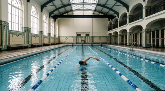 Nageur seul dans un couloir de piscine publique belge au petit matin, symbole d'une pratique régulière et économique de la natation
