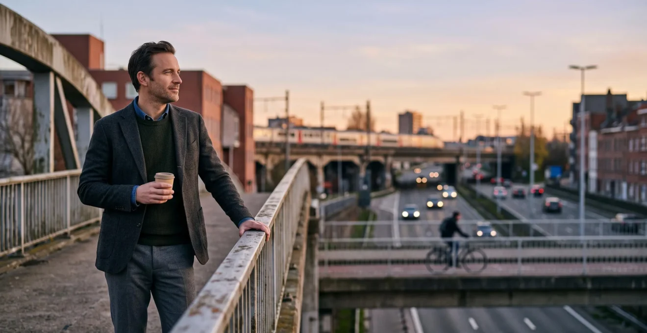 Professionnel belge observant un paysage de mobilite mêlant train, vélo et autoroute au lever du jour, symbole du temps regagné sur les trajets.