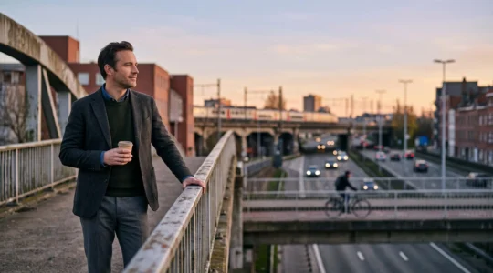 Professionnel belge observant un paysage de mobilite mêlant train, vélo et autoroute au lever du jour, symbole du temps regagné sur les trajets.