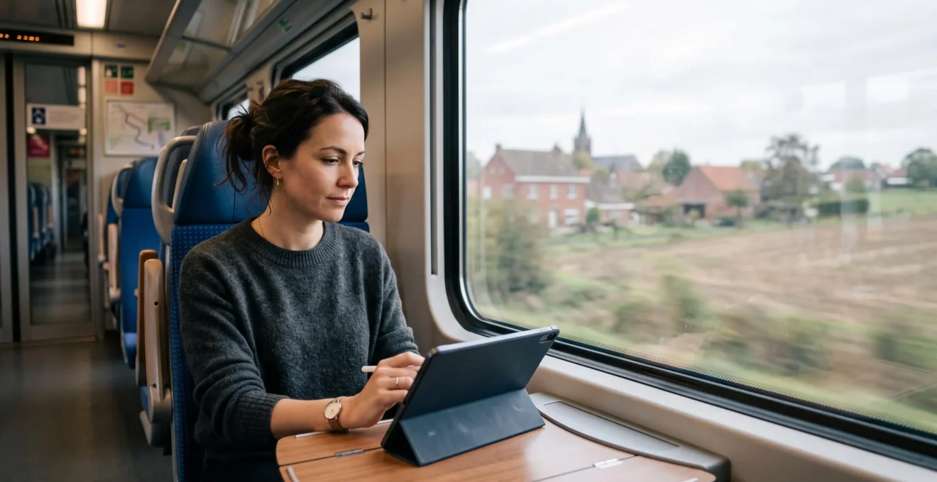 Photographie d'un navetteur installé confortablement dans un train belge, travaillant sereinement pendant que le paysage matinal défile derrière la fenêtre