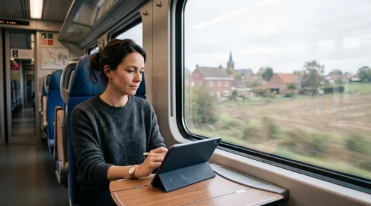 Photographie d'un navetteur installé confortablement dans un train belge, travaillant sereinement pendant que le paysage matinal défile derrière la fenêtre