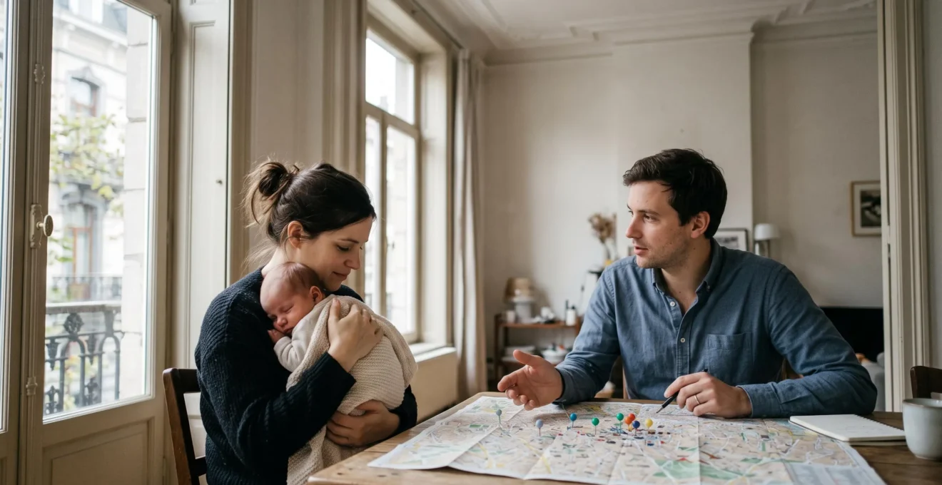 Jeunes parents bruxellois consultant une carte du quartier pour organiser la recherche d'une place en crèche