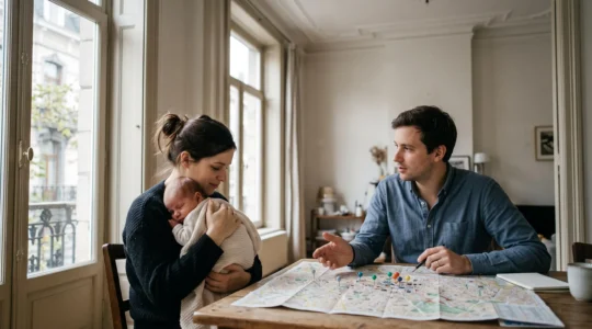 Jeunes parents bruxellois consultant une carte du quartier pour organiser la recherche d'une place en crèche