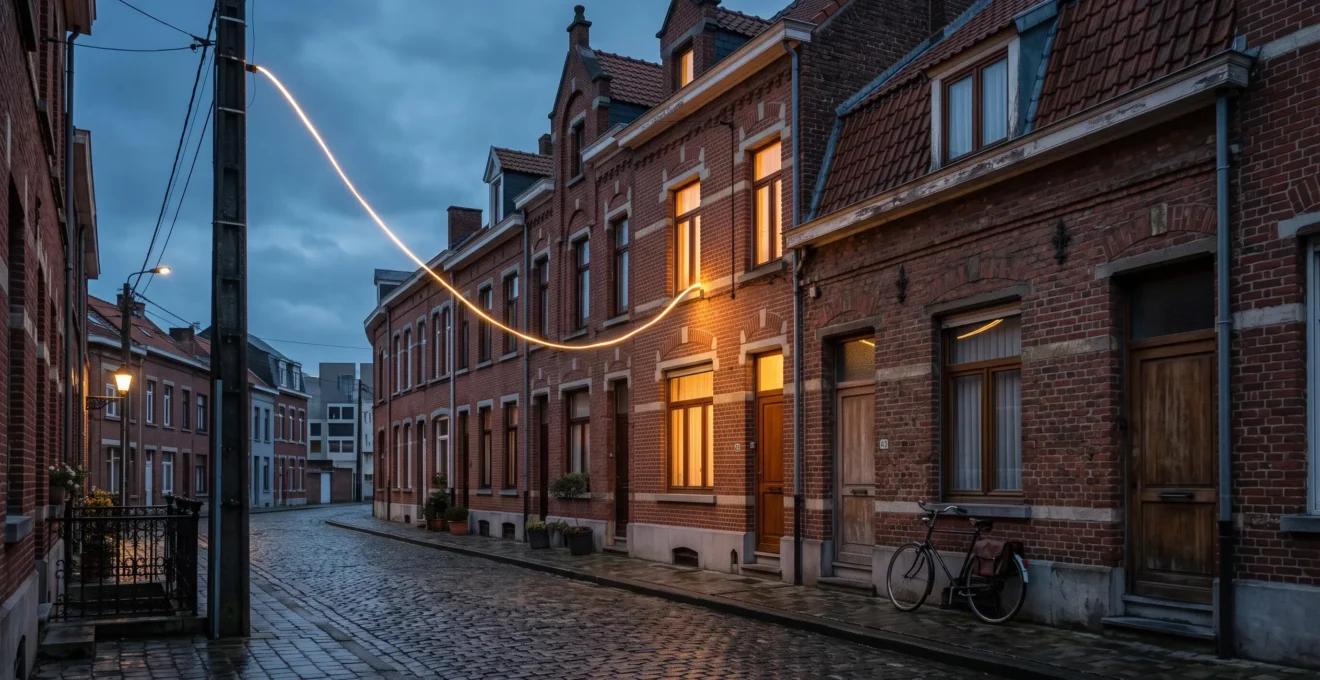 Câble de fibre optique lumineux traversant une rue résidentielle belge typique, symbolisant le passage de l'ADSL à la fibre ultra-rapide