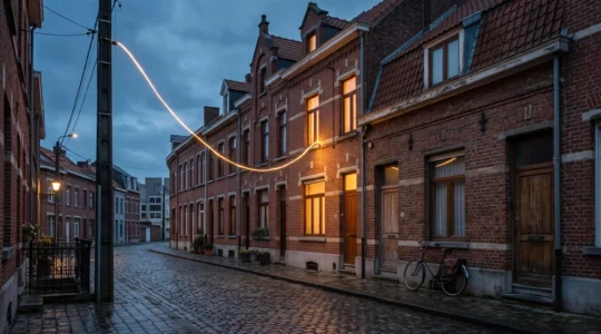 Câble de fibre optique lumineux traversant une rue résidentielle belge typique, symbolisant le passage de l'ADSL à la fibre ultra-rapide