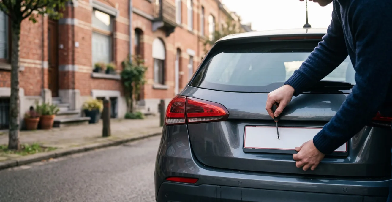 Gros plan sur une plaque d'immatriculation belge fixée à l'arrière d'une voiture neuve, symbolisant la rapidité de la procédure d'immatriculation.