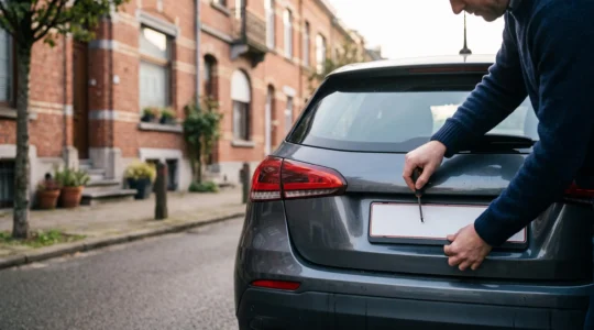 Gros plan sur une plaque d'immatriculation belge fixée à l'arrière d'une voiture neuve, symbolisant la rapidité de la procédure d'immatriculation.