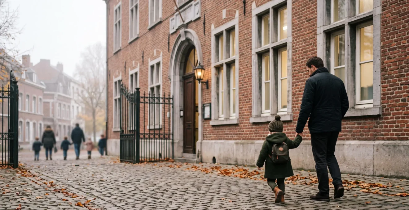 Un jeune enfant tient la main de son parent devant une école maternelle belge un matin de rentrée, dans une ambiance douce et rassurante.
