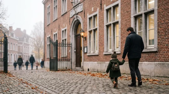 Un jeune enfant tient la main de son parent devant une école maternelle belge un matin de rentrée, dans une ambiance douce et rassurante.