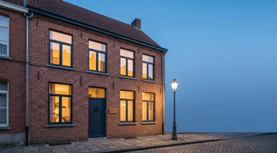Façade rénovée d'une maison belge en briques avec de nouveaux châssis mettant en valeur le bien immobilier