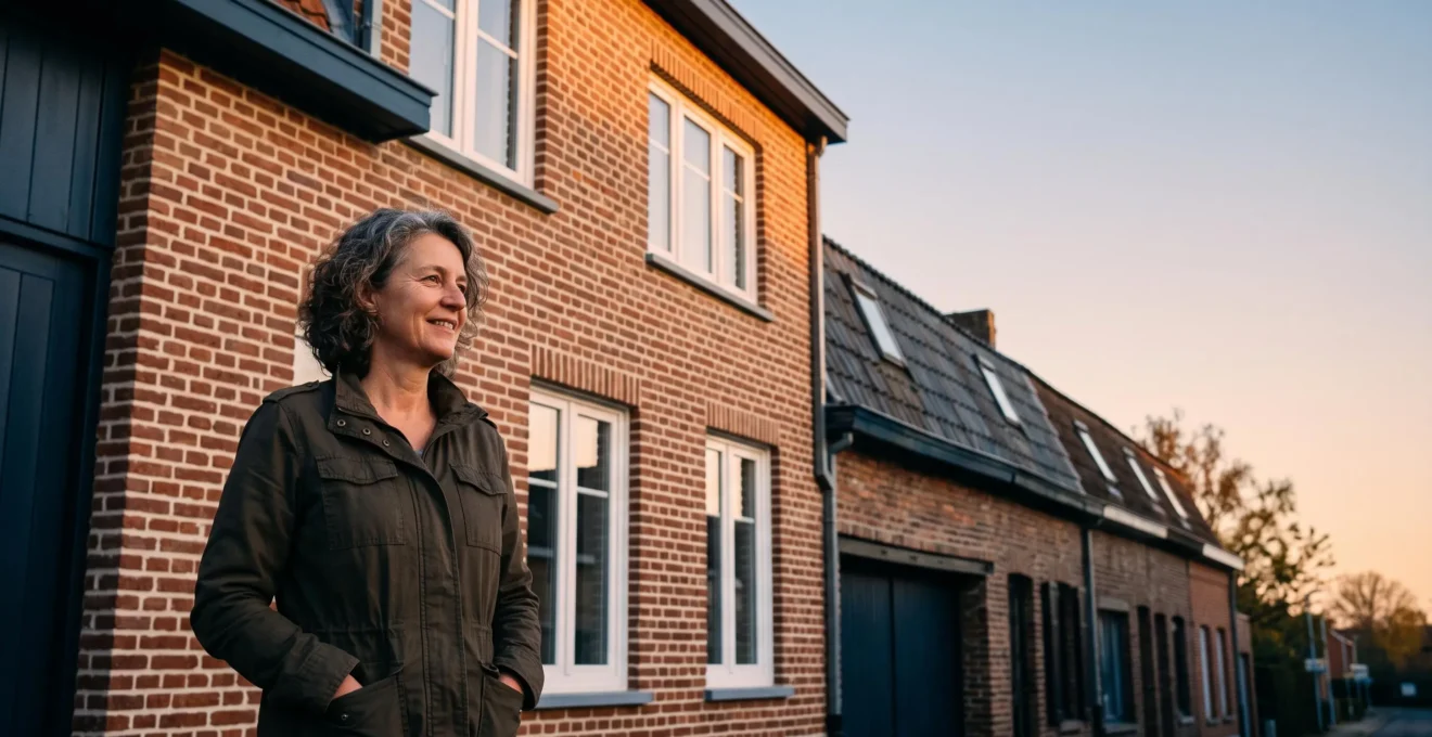 Propriétaire devant une maison mitoyenne belge rénovée symbolisant le passage de la classe énergétique E à C