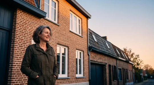Propriétaire devant une maison mitoyenne belge rénovée symbolisant le passage de la classe énergétique E à C