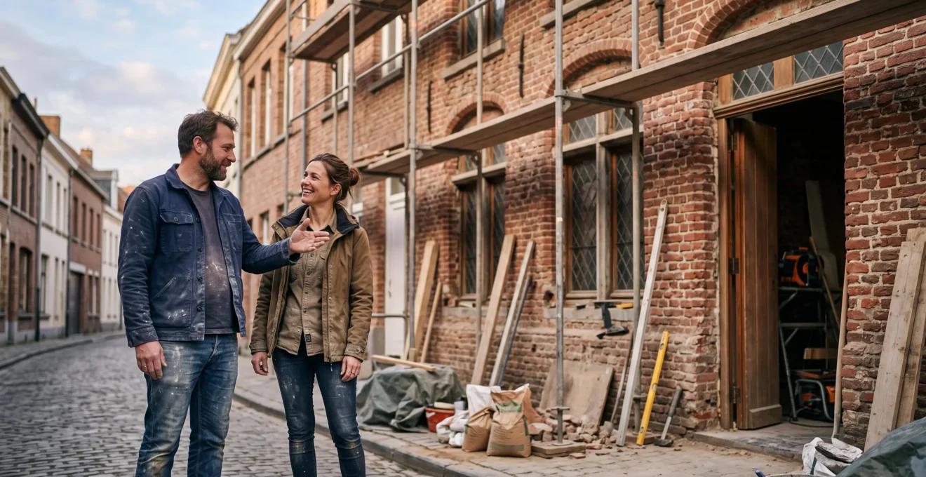 Couple face a une maison de maitre belge en briques rouges en cours de renovation, symbole d'une transformation maitrisee
