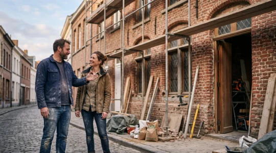 Couple face a une maison de maitre belge en briques rouges en cours de renovation, symbole d'une transformation maitrisee