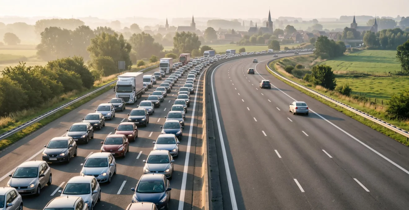 Vue aérienne symbolique d'une autoroute belge saturée le matin, contrastant avec une portion de route dégagée menant vers la campagne du Brabant