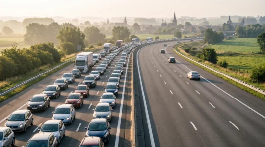 Vue aérienne symbolique d'une autoroute belge saturée le matin, contrastant avec une portion de route dégagée menant vers la campagne du Brabant