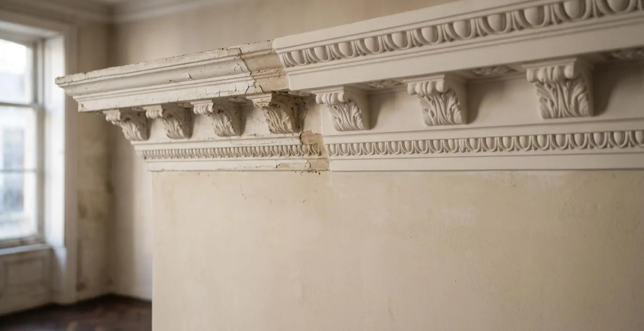 Gros plan sur une corniche moulurée ancienne en plâtre partiellement restaurée dans une maison de maître belge, lumière naturelle douce