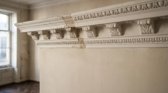 Gros plan sur une corniche moulurée ancienne en plâtre partiellement restaurée dans une maison de maître belge, lumière naturelle douce