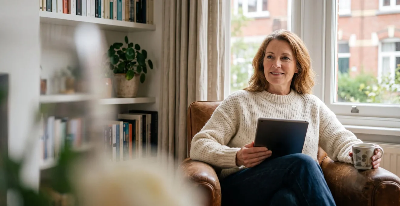 Personne d'une cinquantaine d'annees assise confortablement chez elle, utilisant une tablette avec serenite dans un interieur belge lumineux