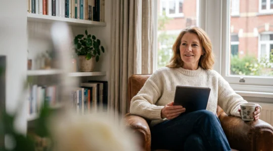 Personne d'une cinquantaine d'annees assise confortablement chez elle, utilisant une tablette avec serenite dans un interieur belge lumineux