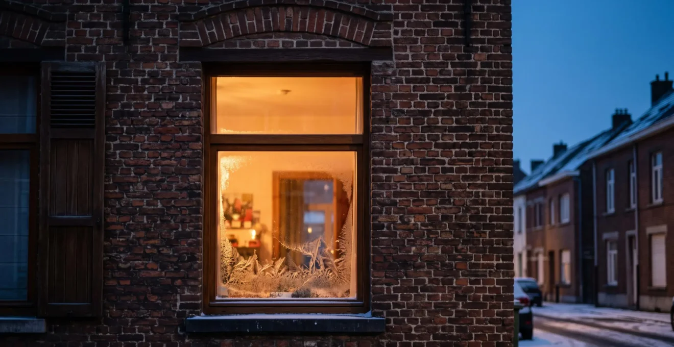 Fenêtre d'une maison mitoyenne belge la nuit en hiver, illustrant le dilemme entre confort thermique et investissement dans le triple vitrage