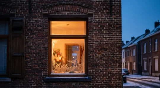 Fenêtre d'une maison mitoyenne belge la nuit en hiver, illustrant le dilemme entre confort thermique et investissement dans le triple vitrage