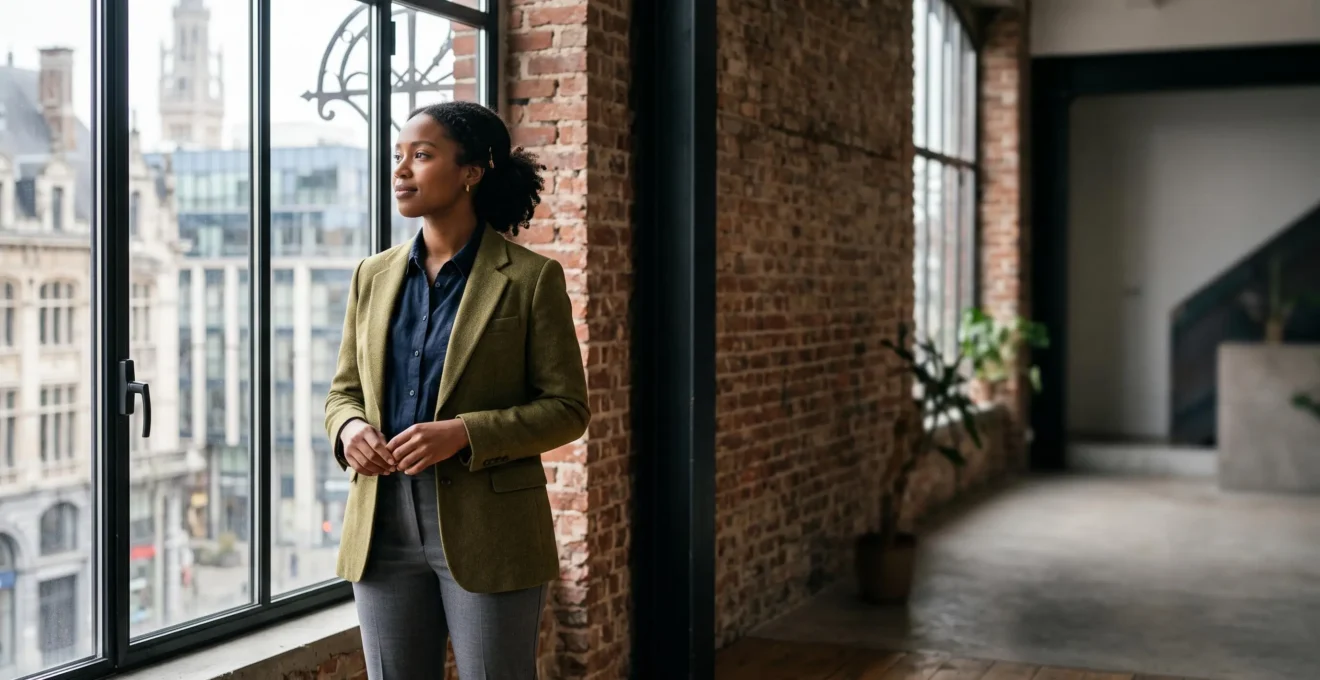 Jeune professionnel souriant dans un espace de coworking lumineux avec vue sur l'architecture bruxelloise en arrière-plan