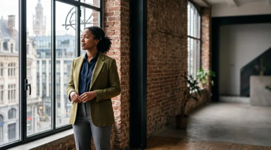 Jeune professionnel souriant dans un espace de coworking lumineux avec vue sur l'architecture bruxelloise en arrière-plan