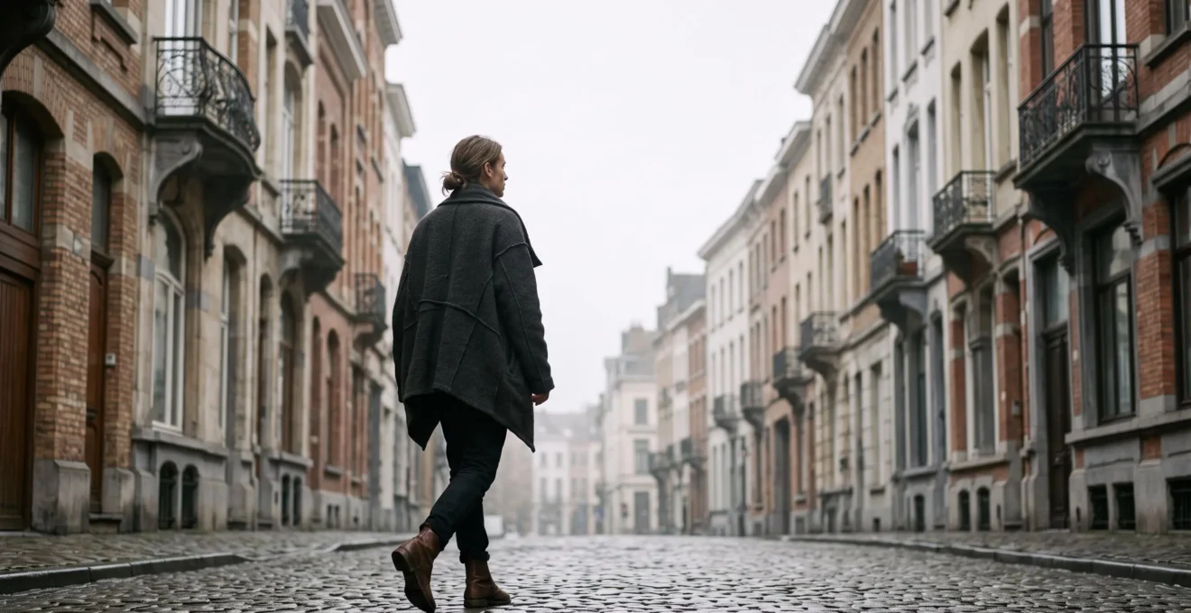 Silhouette élégante portant une veste oversize déstructurée de style belge dans une rue pavée