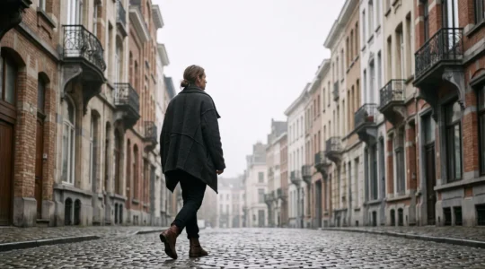 Silhouette élégante portant une veste oversize déstructurée de style belge dans une rue pavée