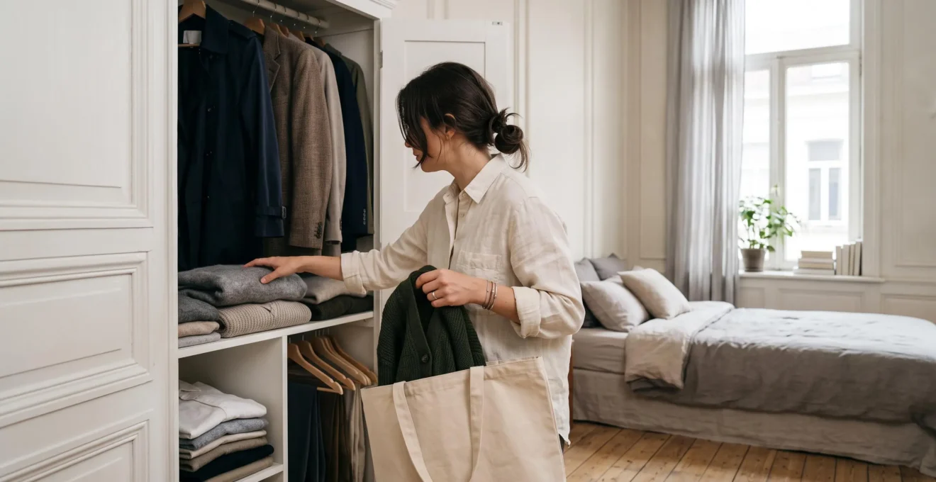 Penderie ouverte avec vêtements soigneusement triés prête pour un dépôt-vente en Belgique