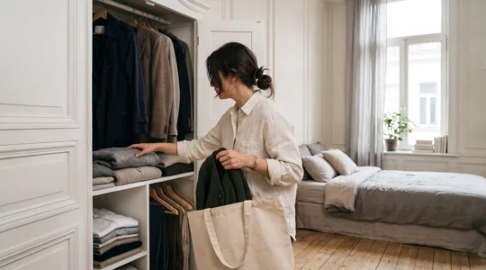 Penderie ouverte avec vêtements soigneusement triés prête pour un dépôt-vente en Belgique