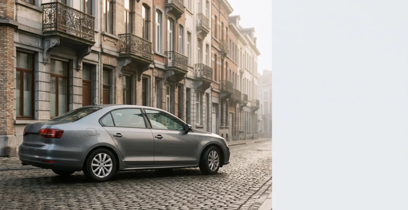 Voiture roulant dans une rue pavée de Bruxelles avec architecture typique en arrière-plan, illustrant la question de la circulation en zone de basses émissions