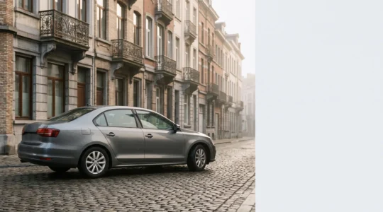 Voiture roulant dans une rue pavée de Bruxelles avec architecture typique en arrière-plan, illustrant la question de la circulation en zone de basses émissions
